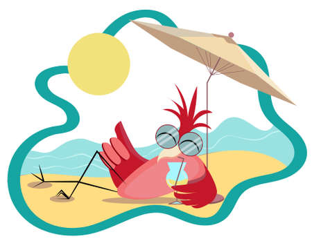 Happy flamingo relaxing with cocktail on the beach. Vacation emblem.の写真素材