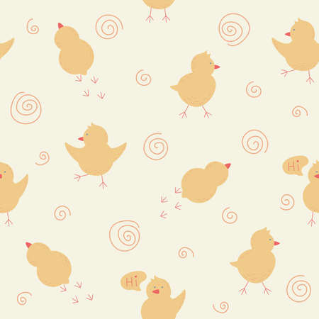 cute seamless endless pattern with little chicks and spirals flat vector illustrationのイラスト素材