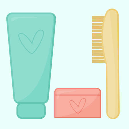 cute cosmetics set with face cream, comb and scrub flat vector illustrationのイラスト素材