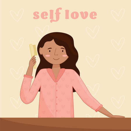 cute flat vector illustration with woman taking care of herself with loveのイラスト素材