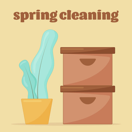 cute bright flat vector illustration about spring cleaning in house with boxes and houseplantのイラスト素材