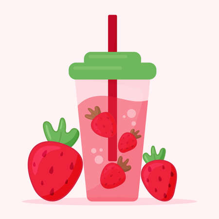 cute strawberry smoothie in a glass with strawberries and bubbles flat vector illustrationのイラスト素材