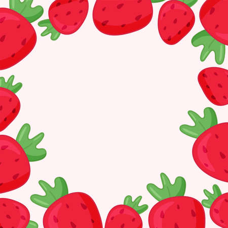 cute greeting card with strawberries with empty frame for text flat vector illustrationのイラスト素材