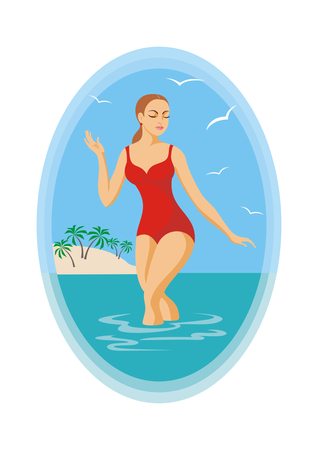 the girl in a red bathing suit leaves the seaのイラスト素材