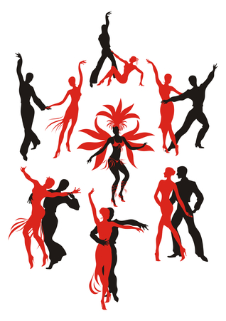 set. red and black silhouettes of the people dancing the Latin American dancesのイラスト素材