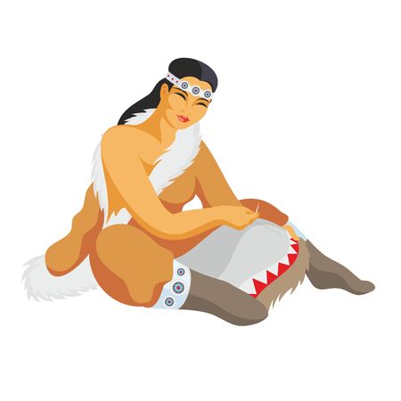 the Chukchi woman in a national suit is engaged in needlework, sitting on a floorのイラスト素材