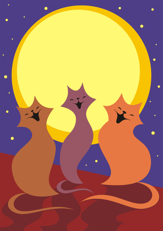 three March cats sit on a roof in a full moon and sing songs. frameのイラスト素材