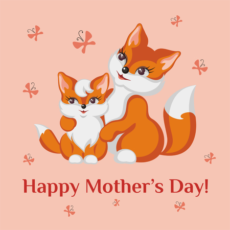 mother a fox embraces a little young fox. a greeting card with a Mother's Day.のイラスト素材
