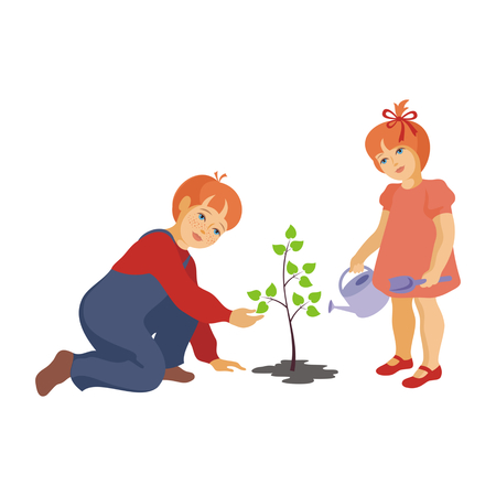 the boy and the little girl haveplanted a treeのイラスト素材