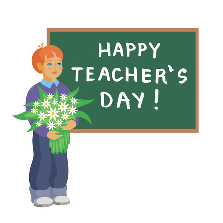 boy with a bouquet standing near school blackboard with the words "Happy teacher's day!"のイラスト素材