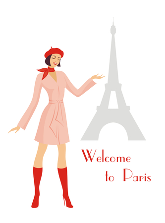 the young beautiful girl in a raincoat and a beret points to the Eiffel Towerのイラスト素材