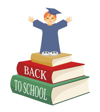 back to school. a boy stands on a huge pile of booksのイラスト素材