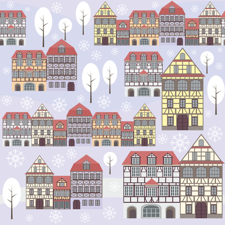 seamless pattern with the image of old town houses, trees and snowflakes. winter cityscape.のイラスト素材