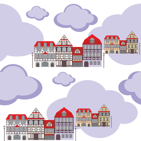 seamless pattern with the image of old town houses and cloudsのイラスト素材