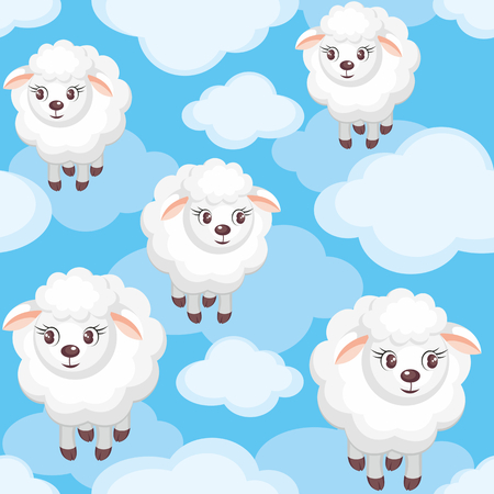 Colorful children's seamless pattern in cartoon style with the image of sheep and cloudsのイラスト素材