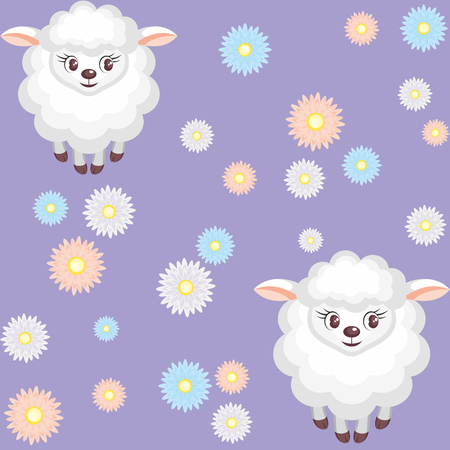 Colorful children's seamless pattern in cartoon style with the image of sheep on meadowのイラスト素材