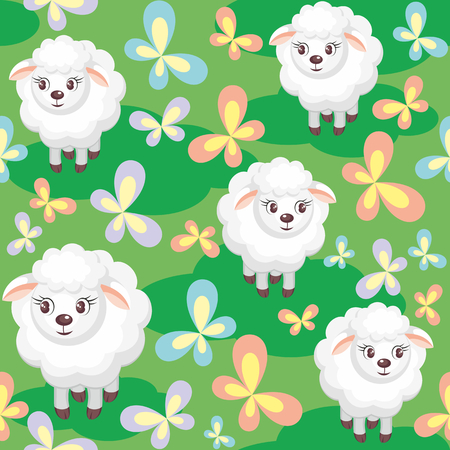 Colorful children's seamless pattern in cartoon style with the image of sheep on meadowのイラスト素材