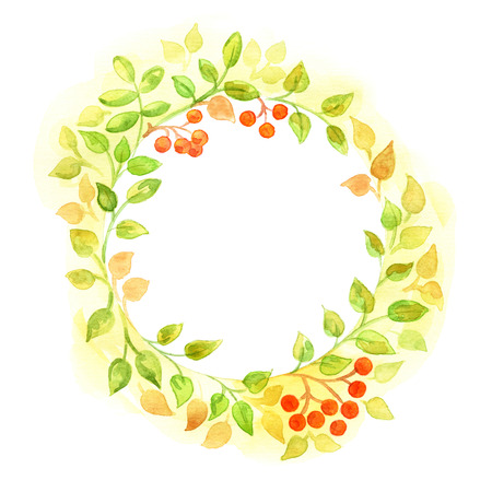 hand painted round autumn floral frame. Watercolor painting.の写真素材