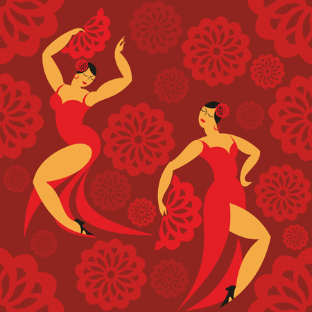 seamless pattern with the image of the dancers of a flamenco in a red dressのイラスト素材