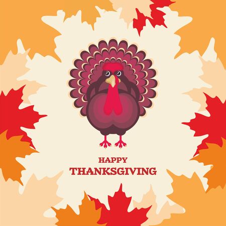 thanksgiving greeting card with the image of a big beautiful Turkey in cartoon style on background of autumn maple leavesのイラスト素材