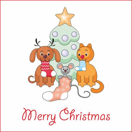 Merry Christmas greeting card with the image of funny pets and Christmas treeのイラスト素材