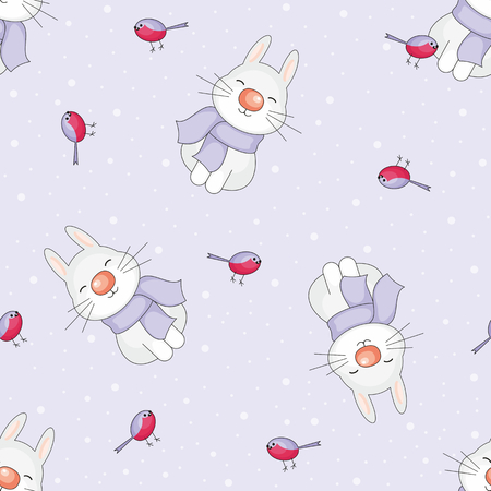 Christmas seamless pattern with the image of funny rabbits and snowflakes in cartoon styleのイラスト素材