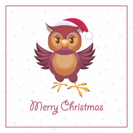Merry Christmas greeting card with the image of an owl in Santa Claus's capのイラスト素材