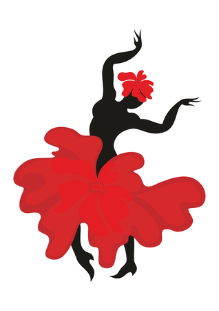 Beautiful graceful woman dancing Spanish dance flamenco. Black silhouette, the dress is styled in the shape of a red flower. Set.のイラスト素材