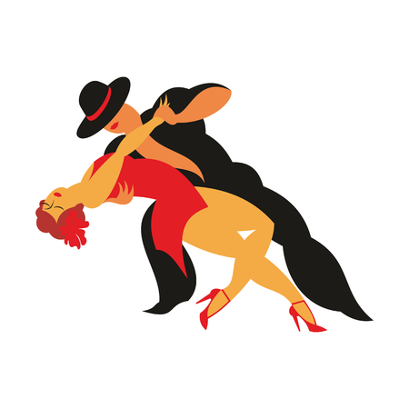 lady in a red dress and the gentleman in a hat dance the Argentina tangoのイラスト素材