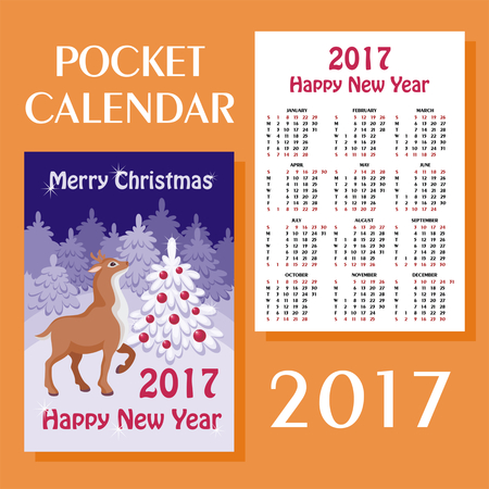 Merry Christmas and happy New Year greeting card with the image of a fairy-tale winter forest, Christmas tree and fawn. Pocket calendar 2017.のイラスト素材