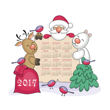 2017 calendar with the image of funny animals and Santa Claus.のイラスト素材