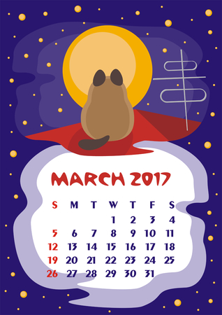 Wall calendar for March, 2017 with an amusing cat. Fun children's illustration in cartoon style. Colorful background. Vertical orientation. Week starts Sunday. Vector.のイラスト素材