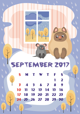 Wall calendar for September, 2017 with an amusing cat. Fun children's illustration in cartoon style. Colorful background. Vertical orientation. Week starts Sunday. Vector.のイラスト素材