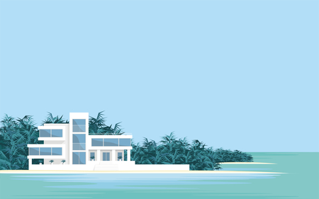 Abstract image of a large, beautiful country house. Luxury Villa on the seafront, surrounded by palm trees. Vector background.のイラスト素材