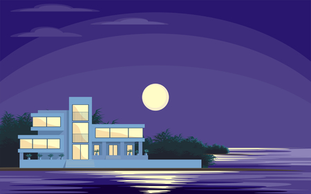 Abstract image of a large, beautiful country house. Luxury Villa on the seafront, surrounded by palm trees. Vector background.のイラスト素材