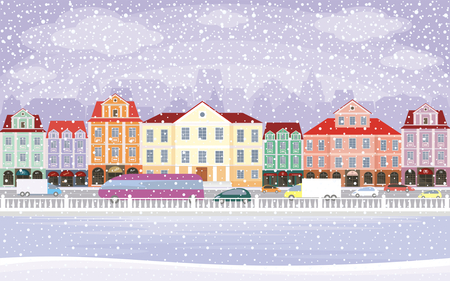 The image of a winter city. Snow-covered streets with small old houses. Vector illustrationのイラスト素材