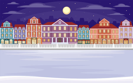 The image of a winter city. Snow-covered streets with small old houses. Vector illustrationのイラスト素材