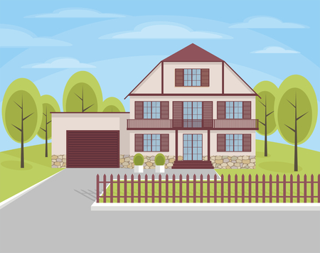 The image of a country cottage on the background of summer landscape.のイラスト素材