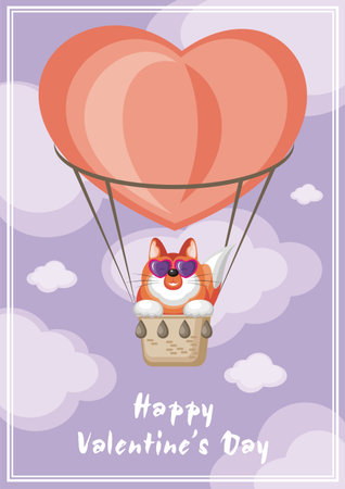 Greeting card happy Valentine's day. Funny animal flying in a hot air balloon.のイラスト素材