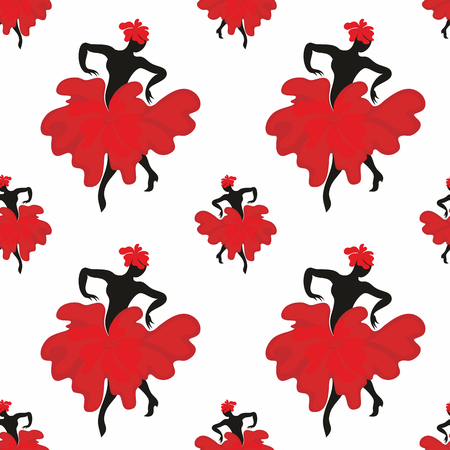 Seamless pattern with the image of the silhouette of a beautiful woman dancing flamenco.のイラスト素材