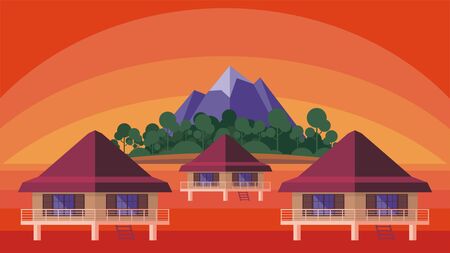 Bungalows on the ocean surrounded by tropical plants. South sea landscape. Vector background. Flat design.のイラスト素材