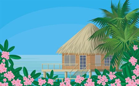 Ilustración de Bungalows on the ocean surrounded by tropical plants. South sea landscape. Vector background - Imagen libre de derechos