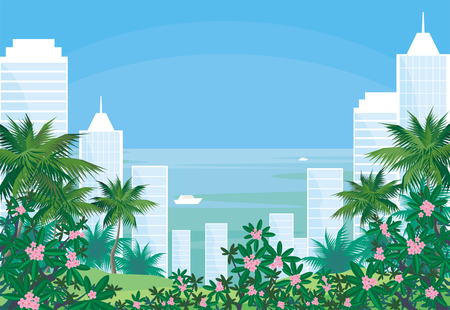 Abstract image of the southern seaside city. A city landscape with high-rise buildings, tropical plants and a view of the sea. Vector background.のイラスト素材