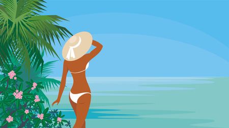 Vector background with the image of the beautiful suntanned girl in an environment of tropical vegetation. Summer sea landscape.のイラスト素材