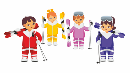 Girls and boys in multi-colored ski suits. Vector illustration on a white background.のイラスト素材