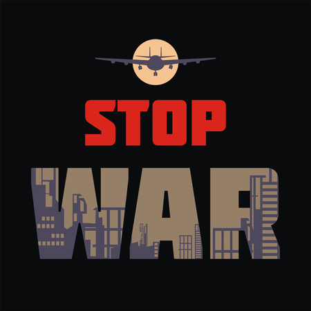 The antiwar poster with the image of the city destroyed by bombings. Vector illustration.のイラスト素材