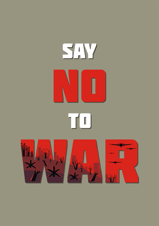 The antiwar poster with the image of the city destroyed by bombings. Vector illustration.のイラスト素材