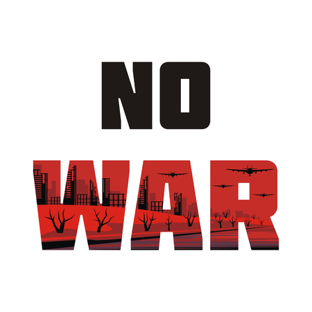 The antiwar poster with the image of the city destroyed by bombings. Vector illustration.のイラスト素材