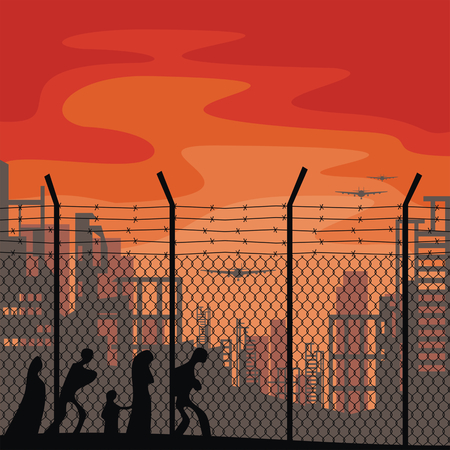 The propaganda poster about refugees and illegal migrants. Vector illustration.のイラスト素材
