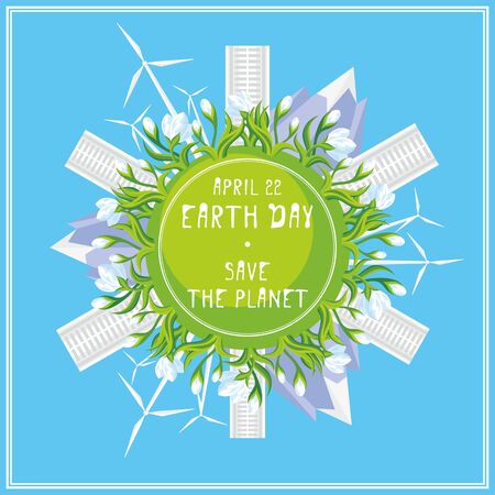 Earth day. A poster with a picture of the planet, cities, mountains and flowers.のイラスト素材